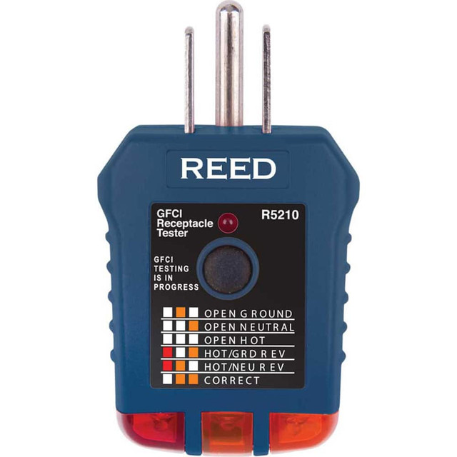 REED Instruments R5210 Circuit Continuity & Voltage Testers; Tester Type: Receptacle Tester with GFCI ; Minimum Voltage: 110Vac ; Maximum Voltage: 125Vac ; Display Type: LED ; Standards: CE Certified; UL Listed ; Frequency Rating (Hz): 50 to 60