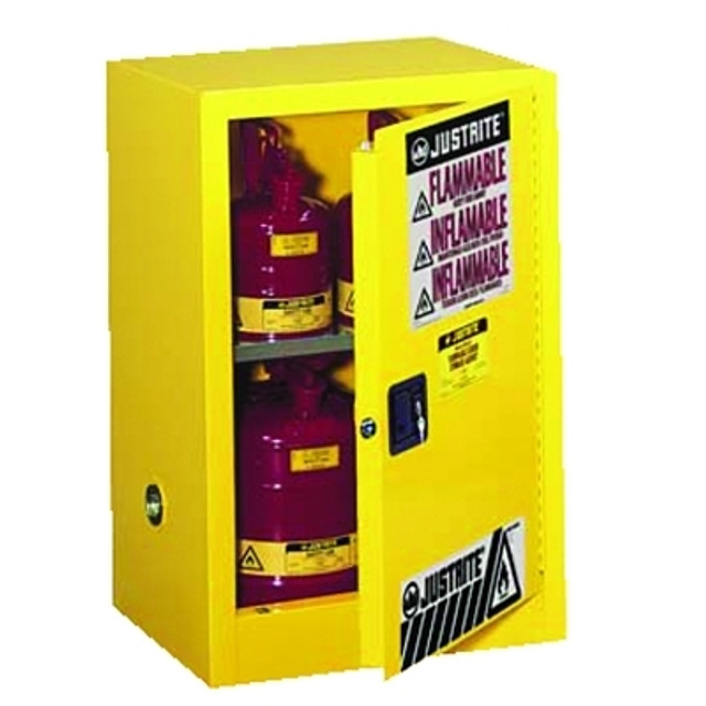 Justrite Yellow Countertop & Compact Cabinet, Manual-Closing, 12 Gallon