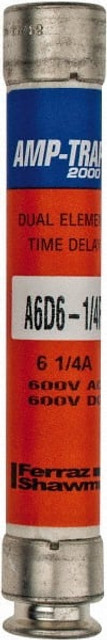 Ferraz Shawmut A6D6-1/4R Cylindrical Time Delay Fuse: RK1, 6.25 A, 127 mm OAL, 21 mm Dia