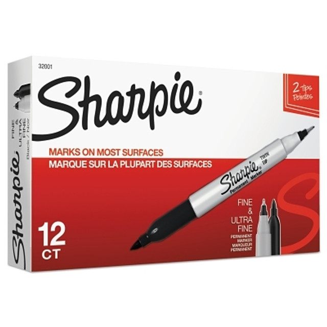 Newell Brands Sharpie® 32001 Twin Tip Permanent Marker, Black, Fine/Ultra Fine, Bullet