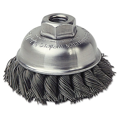 Weiler® Single Row Heavy-Duty Knot Cup Brush, 3-1/2 in dia, 5/8-11 UNC, 0.02 Steel Wire