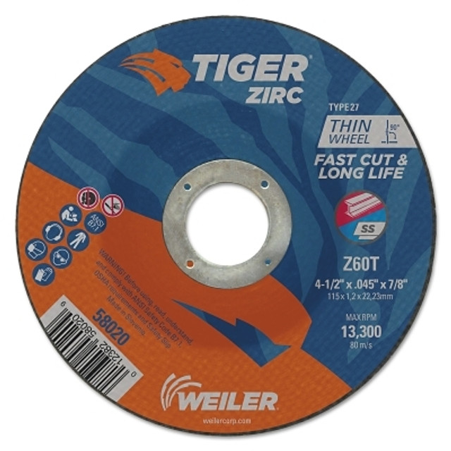 Weiler® 58020 Tiger® Zirc Cutting Wheel, 4-1/2 in dia, 0.045 in Thick, 7/8 in Arbor, Zirconia Alumina, Type 27, Z60T