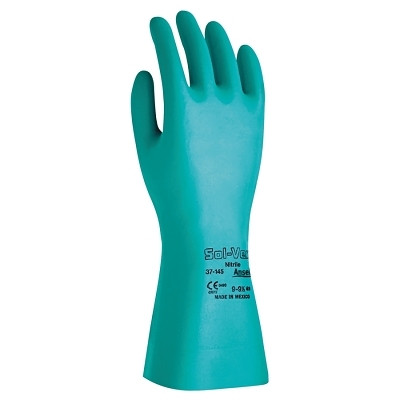Ansell AlphaTec® Solvex® 37-145 Nitrile Gloves, Gauntlet Cuff, Unlined, Size 9, Green, 11 mil
