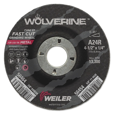 Weiler® Wolverine® Grinding Wheel, 4-1/2 in dia x 7/8 in Arbor x 1/4 in Thick, AO, 24R