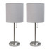 ALL THE RAGES INC LimeLights LC2001-GRY-2PK  Brushed Steel Stick Lamp with Charging Outlet and Gray Fabric Shade 2 Pack Set