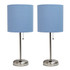 ALL THE RAGES INC LimeLights LC2001-BLU-2PK  Brushed Steel Stick Lamp with Charging Outlet and Blue Fabric Shade 2 Pack Set