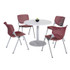 KFI STUDIOS 811774036672 Pedestal Table with Four Burgundy Kool Series Chairs, Round, 36" Dia x 29h, Designer White