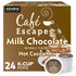 Smooth, creamy chocolate milk hot cocoa in a warm cup is a great way to wrap up a long day. Grab your favorite book or put on a movie and brew a cup of Cafe Escapes cocoa. With the ease of K-Cups, having a hot cup of Cafe Escapes hot chocolate is quicker than ever.  Each K-Cup Pod has a built-in coffee filter - no measuring and no mess!  K-Cup Pods are designed for use in single-cup brewing systems.  Note: This product contains milk. Caffeine content is estimated at less than 10 mg per serving.  Includes a box of 24 hot cocoa K-Cup Pods.