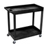 Why lift and carry heavy supplies if you donT have to? Whether you are bussing tables or transporting your presentation equipment into the conference room, this utility cart helps make the job faster and easier.  Multiple tub shelves feature a retaining lip to accommodate different-sized materials.  High-density, molded plastic shelves and legs wonT stain, scratch, dent or rust. This Luxor E-Series 2-tub plastic black utility cart is built to last.  Top shelf of the Luxor E-Series 2-tub black cart features a push-handle for easy movement.  Heavy-duty, non-marring casters keep the cart rolling smoothly on most surfaces. 2 locking casters on the Luxor E-Series 2-tub black utility cart offer stability when loading and unloading your equipment.  Contains Recycled Content - See Specs for Details.