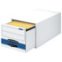 When looking for an efficient way to store files for work or personal records at home, the Bankers Box Stor/Drawer drawer file is an excellent choice. With a design that stacks up to 5 units high, this file will save time and floor space.  Made of thick, corrugated cardboard with a steel frame for stability.  Reinforced plastic handle provides easy access.  Stacks up to 5 drawers high to help conserve floor space.  Large labeling areas allow easy organization.  Contains Recycled Content - See Specs for Details.