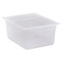 Store, transport and serve food using Cambro Translucent GN 1/2 6in Food Pans. Made of translucent plastic for an easy view of the contents, these restaurant containers make taking stock of your inventory simple.  Durable plastic construction is chemical and impact resistant.  Uniform 1/2in flange allows secure placement in most prep tables and food bars.  Withstands temperatures from -40 deg. to 160 deg..  Molded graduation marks in standard and metric units simplify measuring.  Non-stick interior easily releases food.  Textured bottom minimizes scratching damage.  Stackable design helps conserve storage space.  Dishwasher safe for easy cleaning.  NSF listed.  Includes 6 food pans.