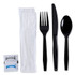 BOARDWALK FKTNSMWPSBLA Six-Piece Cutlery Kit, Mediumweight, Fork/Knife/Napkin/Pepper/Salt/Spoon, Plastic, Black, 250/Carton
