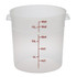 Make Cambro Translucent 18-Qt Round Containers your go-to storage solution for prepped foods. Thanks to the translucent design, taking inventory is easier.  Durable polypropylene construction is impact and stain resistant.  Holds up to 18 qt.  Withstands temperatures from -40 deg. to 160 deg..  Graduations allow quick, at-a-glance measuring.  Molded handles promote ergonomic lifting and easy drying.  Stackable design helps save storage space.  Dishwasher safe for hassle-free cleaning.  NSF listed.  Includes 6 containers.
