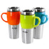 Enjoy your coffee while you are on the go with this Mr. Coffee Traverse Travel Mug. The 3-piece set features travel mugs made with stainless steel and ceramic, while suction lids help prevent spills.  Each mug holds up to 16 oz of your favorite beverage.  Crafted from ceramic with a stainless-steel base for durability.  Suction lid features a single-motion safety latch and sealing ring to help prevent spills and maintain temperature.  Large handle offers a comfortable grip.  Do not microwave.  Hand wash only.  Comes with 3 travel mugs.  Mugs are finished in orange, turquoise and green.