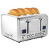 Prepare your favorite bagels, English muffins and toast for breakfast using the MegaChef 4-Slice Toaster. Choose from a variety of preset heating settings to find the perfect doneness level.  Made from durable stainless steel.  Cooks 4 pieces of toast at once evenly with a bread centering function.  Includes Cancel, Reheat, Defrost and Bagel functions with a digital LCD for ease of use.  9 preset timer settings help you choose your ideal doneness.  Removable crumb tray allows easy emptying.  Anti-slip feet keep the toaster stable.  Auto-electric power cutoff function.  Backed by the manufacturers 90-day limited warranty.