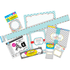 Grab attention from students as soon as they enter the room with this bulletin board set. The designer set comes with name plates, a chart, letter pop-outs and so much more, making it easy to get them interested in your new unit.  Includes 36 accents, a chart, 510 letter pop-outs, 50 sheets of paper, 12 file folders, 36 name plates, 30 library pockets, 45 name tags and 35ft of border.  File folders can house letter-size documents.  Peel-and-stick library pockets are easy to attach and hold standard-size index cards.  Name plates and borders are double sided.  Paper is compatible with most printers.  Card stock pieces are made for durability.