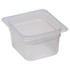 Store, transport and serve food using Cambro Translucent GN 1/6 4in Food Pans. Made of translucent plastic for an easy view of the contents, these restaurant containers make taking stock of your inventory simple.  Durable plastic construction is chemical and impact resistant.  Uniform 1/2in flange allows secure placement in most prep tables and food bars.  Withstands temperatures from -40 deg. to 160 deg..  Molded graduation marks in standard and metric units simplify measuring.  Non-stick interior easily releases food.  Textured bottom minimizes scratching damage.  Stackable design helps conserve storage space.  Dishwasher safe for easy cleaning.  NSF listed.  Includes 6 food pans.