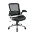 Wen you are in a rhythm and canT turn away from your work, having a comfortable office chair can help keep you going. The Office Star Work Smart chair is upholstered in bonded leather for a professional look and offers adjustable features, including the tilt angle, allowing you to sit in your preferred position. Thanks to built-in lumbar support and waterfall seat cushion, your back and legs can feel at ease.  Thick padding on the seat.  Lumbar feature.  Waterfall seat cushion.  Bonded leather seat with a mesh back.  Pneumatic height adjustment.  2-to-1 synchro tilt with adjustable tilt tension.  Padded armrests flip out of the way when not needed.  Rugged base features end caps and oversize dual-wheel carpet casters.  Assembly required.  Faux Leather is a synthetic material. See specs for details.