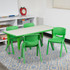 Set up a learning space in your classroom, daycare or church with this Flash Furniture Rectangular Plastic Activity Table and Chairs. The table is built with a durable laminate top that can handle everyday learning and offers a smooth surface for easy writing, crafting and cleanup. Children can enjoy a comfortable seat in the plastic chairs, which boast a 10-1/2in seat height. Plus, you can raise the table as your students grow.  Table features a 1in-thick laminate top with safety rounded corners.  Steel legs adjust in 1in increments.  Table adjusts in height from 14-1/2in to 23-1/2in.  Chairs are crafted with a contoured polypropylene shell.  10-1/2in seat height.  Weight capacity tested to support 220 lb (table) and 154 lb (chair).  Assembly required.
