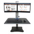Dual monitor sit-stand desk converter allows for correct ergonomics posture while working  Worksurface features height adjustment range of 20in above the desktop. Monitor holders have 12.5in height adjustment range.  Worksurface easily holds a keyboard, mouse, phone and accessories on the surface.  Converter features dual monitor capability. Mounting bracket can hold either two 24in wide monitors or a single monitor located in the middle of the bracket  Gas strut design easily raises or lowers the desk surface and computer monitor independently.  Tilt and swivel monitor arm allows for ergonomic alignment of whether sitting or standing.  Lower the work surface flush with your desk to work when seated.  Heavy steel base prevents tipping.  Assembly required.
