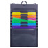 Save space by hanging up this multi-tiered file pocket system  Polypropylene is tear and water resistant and easy to clean.  Includes 6 cascading pockets that can be removed to simplify viewing and accessing documents. Each pocket holds up to 25 sheets of letter-size paper.  Pockets feature bright colors for sorting.  Clear pocket on the front provides extra storage.  Elastic cord closure helps keep contents secure during transport.  Easy to hang level with 3-part hanger  Blank label sheet included for easy organization.  Half-moon shaped tabs hold folders securely in place