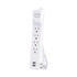 The CyberPower P403URC1 4-Outlet Home Office Surge-Protector Power Strip With 2 USB Ports allows you to safely power and charge your devices. It provides 500 Joules of surge protection with an auto shutoff feature for safe use.  Provides 500 Joules of surge suppression.  Max power output of 125V.  Uses a 15 amp circuit breaker.  NEMA 5-15P right-angle, low-profile plug for flush placement.  Features 2 USB ports with 2.1 amps shared.  EMI/RFI filtration for clean power.  LED indicator light for protection status.  Integrated circuit breaker shuts down if the overload exceeds the units ability to suppress the signal.  Metal Oxide Varistor (MOV) technology allows normal currents to pass through the device.  MOV technology diverts any surges/spikes through the ground circuit to safeguard the unit.  Includes keyhole slots for mounting.  Durable damage-resistant casing.  UL listed.  Backed by the manufacturers limited lifetime warranty.  Helps save energy - designed to limit the energy used by other products, potentially helping you reduce your carbon footprint and save money.