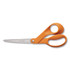 Fiskars Orange-Handled Scissors are ideal for cutting a wide variety of materials including denim, silk and multiple layers of fabric. They feature high-grade, precision-ground, stainless-steel blades that offer a lasting sharp edge that cuts all the way to the tip. An ergonomic handle is sculpted to fit your hand, maximizing cutting control and sensitivity. The bent handle design keeps material flat for mistake-free cutting.  Ideal for cutting a wide variety of materials including denim, silk and multiple layers of fabric.  High-grade, precision-ground, stainless-steel blades offer a lasting sharp edge that cuts all the way to the tip.  Ergonomic handle is sculpted to fit your hand, maximizing cutting control and sensitivity.  Bent handle design keeps material flat for mistake-free cutting.