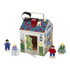 This charming wooden doorbell house brings interactive fun with four unique electronic doorbell sounds and matching keys for each of the four locks. With pose-able play figures, sturdy construction, and a handle for easy transport, this cottage is perfect for little ones on the go. Children can enjoy endless play as they explore the doors, locks, and sounds while developing motor skills and hand-eye coordination.  Four doorbell sounds and matching keys for each lock  Includes four pose-able play people  Durable wooden construction with hinged doors  Easy to carry with attached handle  Requires 2-AAA batteries (not included)  Perfect for interactive play and developing motor skills  Compact size, measures 9in x 6.8in x 6.8in