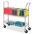 Use this mobile mail cart to sort and deliver all your mail - big or small.  The top basket can accommodate letter-size and legal-size hanging folders.  Sturdy bottom basket is perfect for larger packages and bulk goods.  Wire mail cart is made of heavy-duty steel tubing and wire to withstand constant use.  4in wheels offer easy mobility and stability with two locking wheels.  Both ends of the cart have handles for easy navigation.  One handle is slanted for easier maneuvering.  Weight capacity is 99 lb (45 kg).