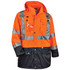 Make sure you are protected during the work day by wearing this Ergodyne GloWear Outer Shell Jacket. The Type R Class 3 Jacket offers a breathable PU coating and polyester mesh lining for comfort and features ANSI-compliant reflective details to keep you visible in low-light conditions.  Made of 300-denier oxford polyester with weatherproof properties  PU coating and a polyester mesh lining help offer breathability.  Dark panels help hide dirt and wear.  2 external front pockets with snap flaps, a cellphone pocket on the chest and an external zippered chest pocket for storage. Features dual mic tabs for radios and a clear ID badge holder.  Fits over the 8287 inner jacket to create a thermal 4-in-1 jacket (8287 inner jacket sold separately).  YKK #5 zippers for durability.  2in ANSI-compliant 3M Scotchlite reflective properties help you stay visible.  Inset hood with drawstrings and stoppers to protect against the elements.