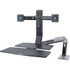 Ideal for corner workstations, the Ergotron mounting arm clamps to the rear or side of most surfaces and enables an effortless sit-and-stand work style. Fold the keyboard up and swing the mounting arm in polished black out of the way when you need your desk surface.  Change from a sitting to a standing position whenever you want.  This height-adjustable WorkFit mounting arm for flat-panel displays moves your keyboard and display in 1 simple motion, making computing comfortable for prolonged periods.  Whats Included: arm, 2 LCD pivots, worksurface, keyboard tray, desk clamp and mounting hardware.