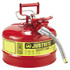 Justrite Type II AccuFlow™ Safety Can, Gas, 2.5 gal, Red, Includes 5/8 in OD Flexible Metal Hose