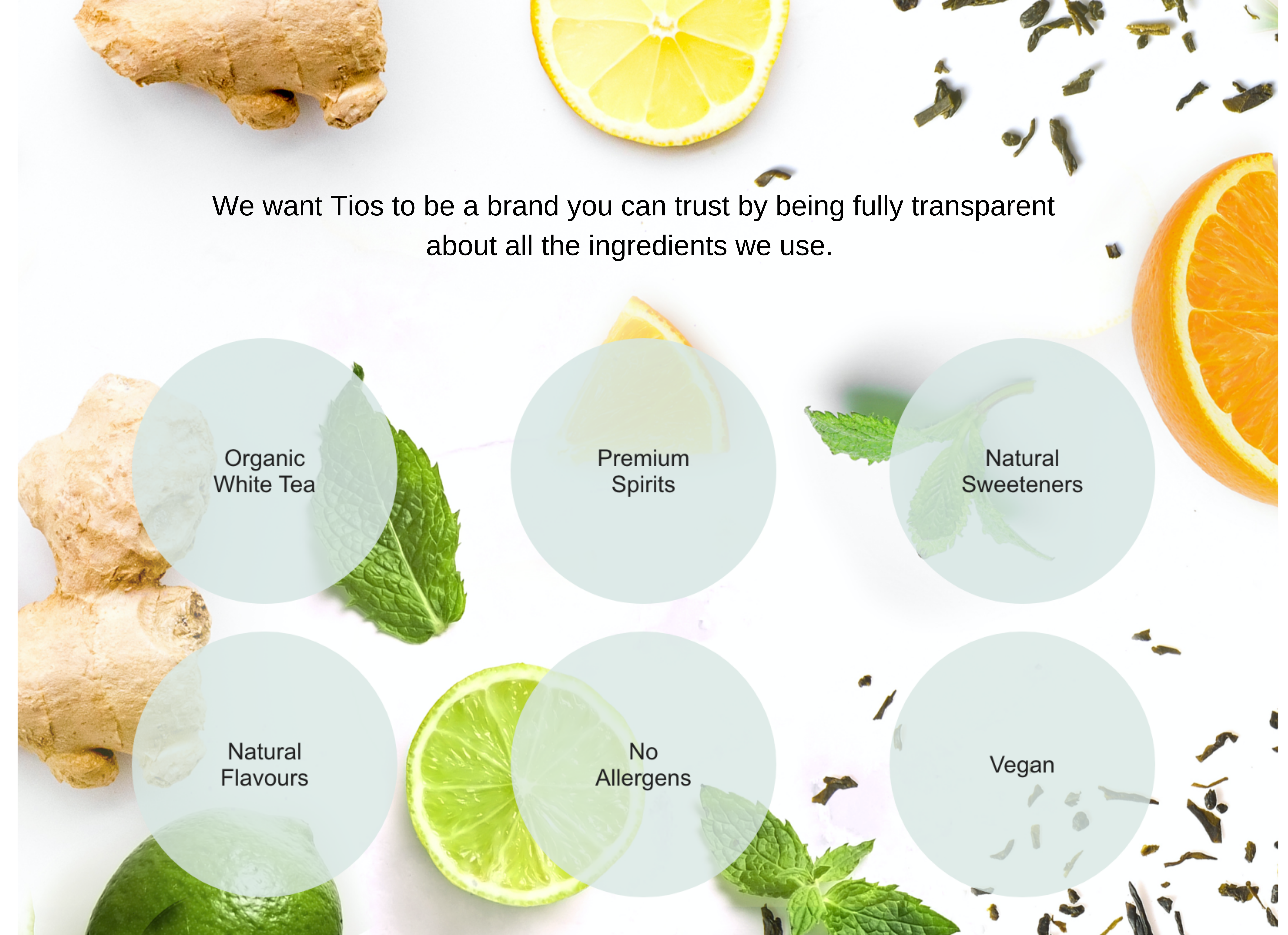 Description of our products including information such as organic white tea, premium spiritis, natural sweeteners, natural flavours, no allergens and Vegan. 