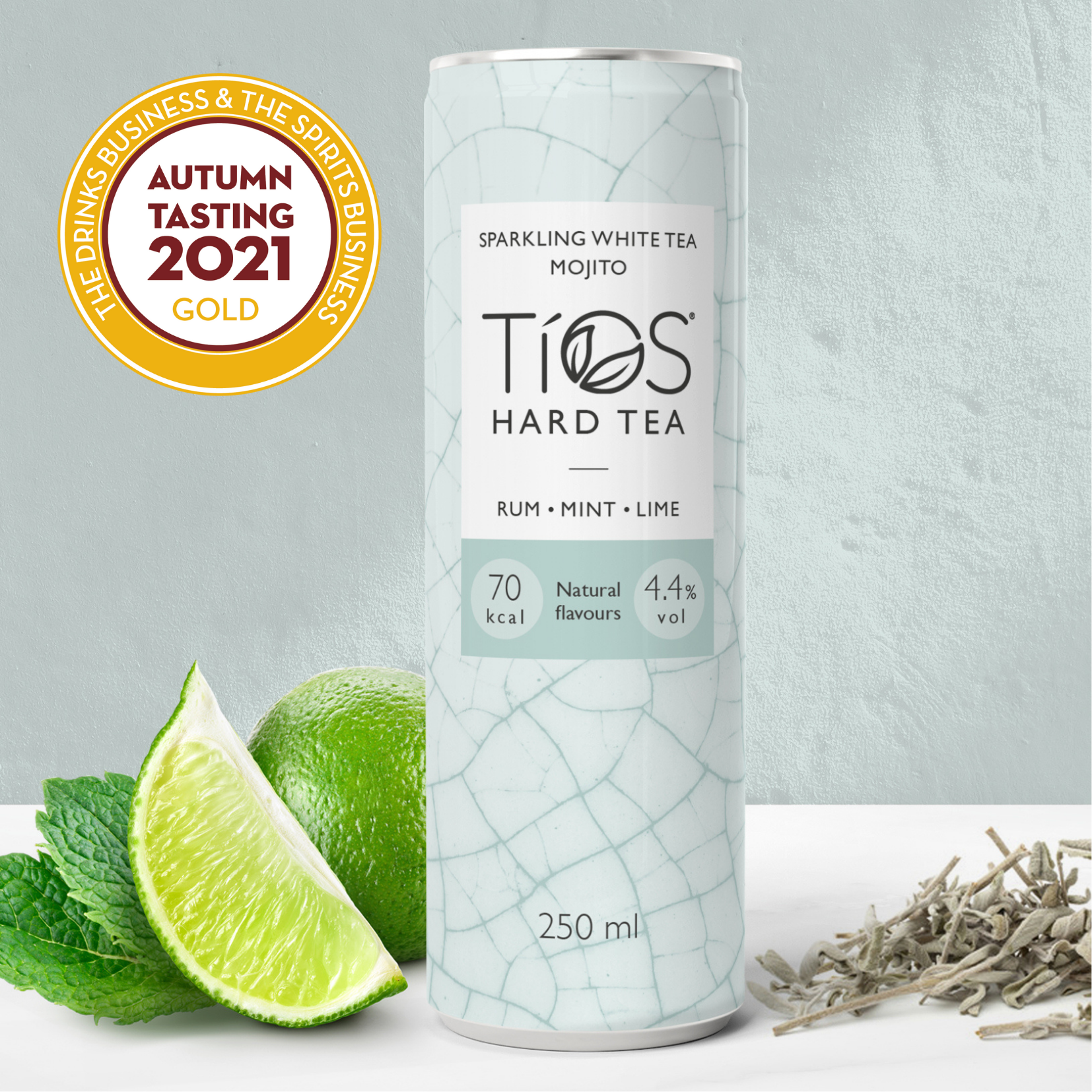Tios White Tea Mojito can with ingredients and the drinks and spirits gold medal award logo for autumn 2021 tasting 