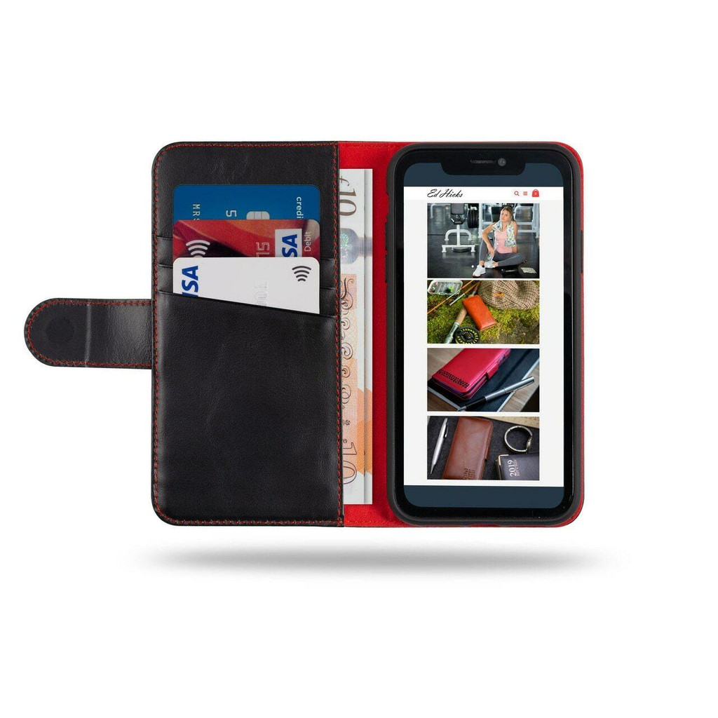 iPhone 12 Pro Max Leather Wallet Case in black and red