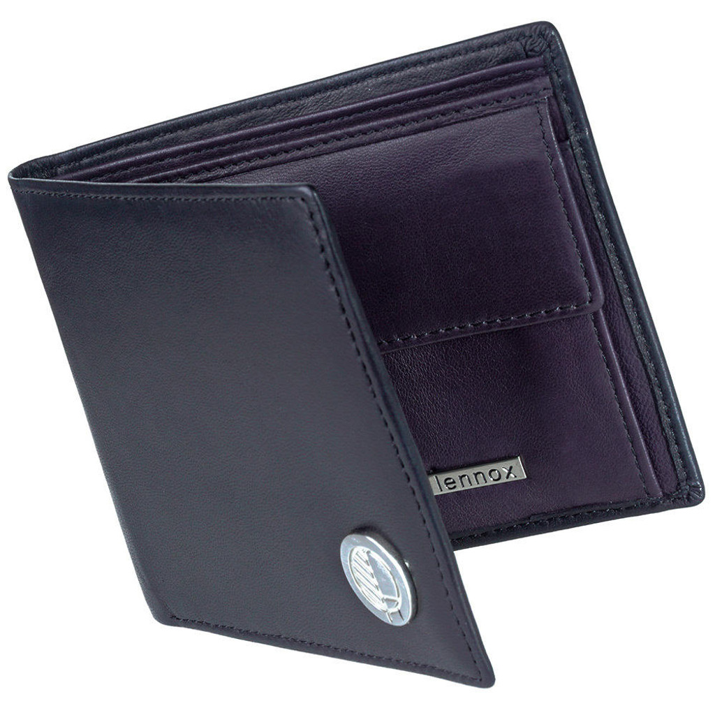 Drew Lennox Men's English Leather Bifold Wallet Black & Purple