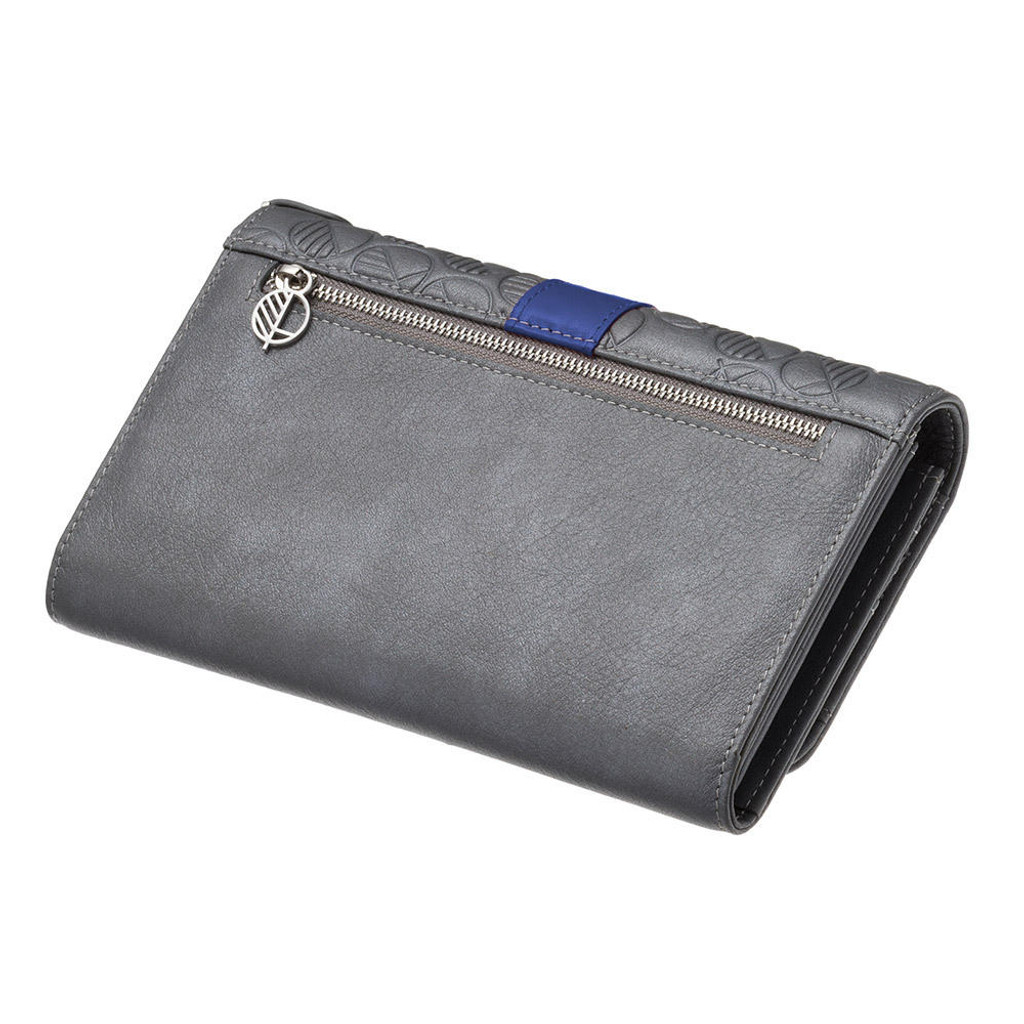 British travel wallet in silver leather with navy trim