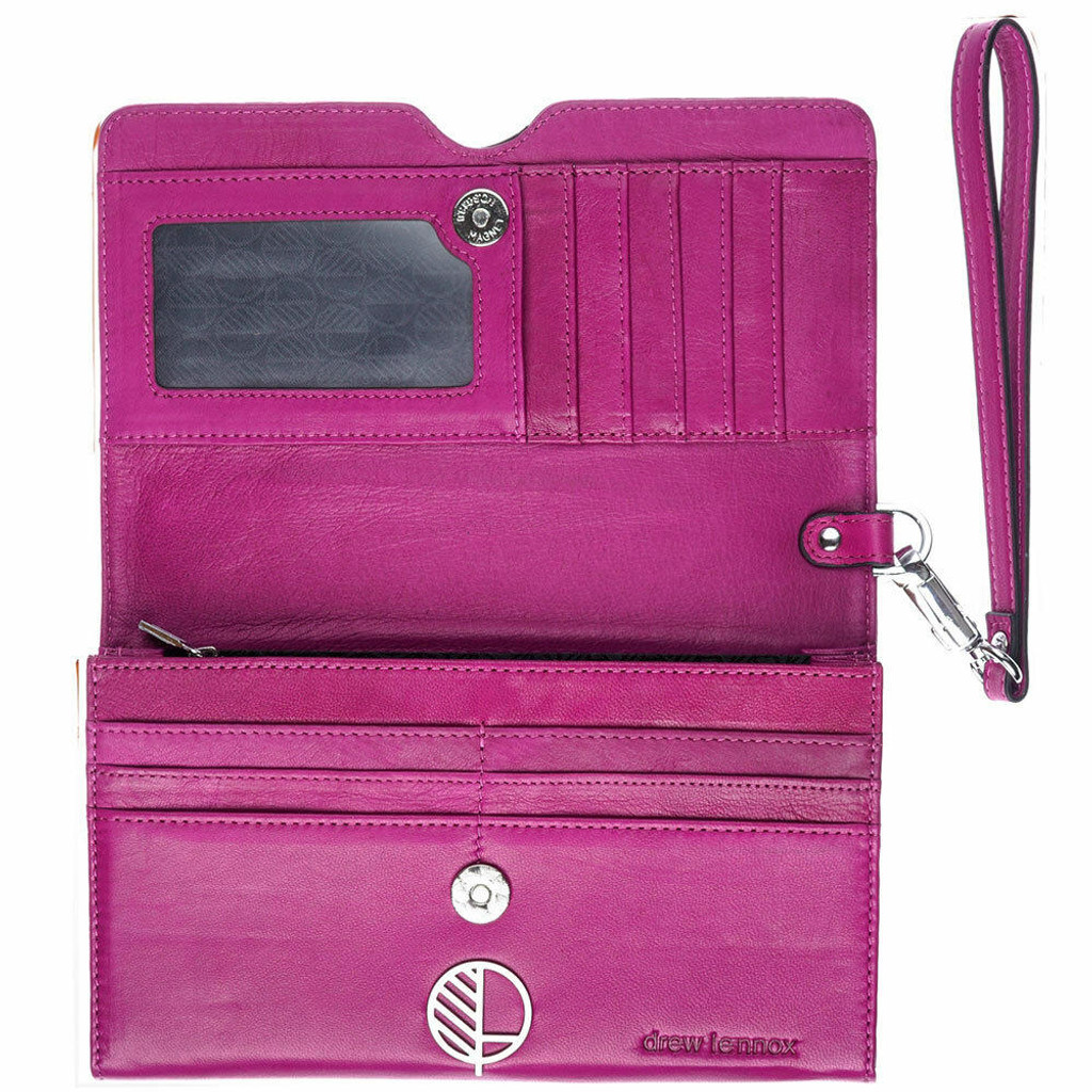 Drew Lennox's “Ready” Clutch Bag -Purse - Women's Wallet - Hand -Crafted in Soft Fuchsia Pink English Leather - Black Accent. Fashion and Practicality in One!