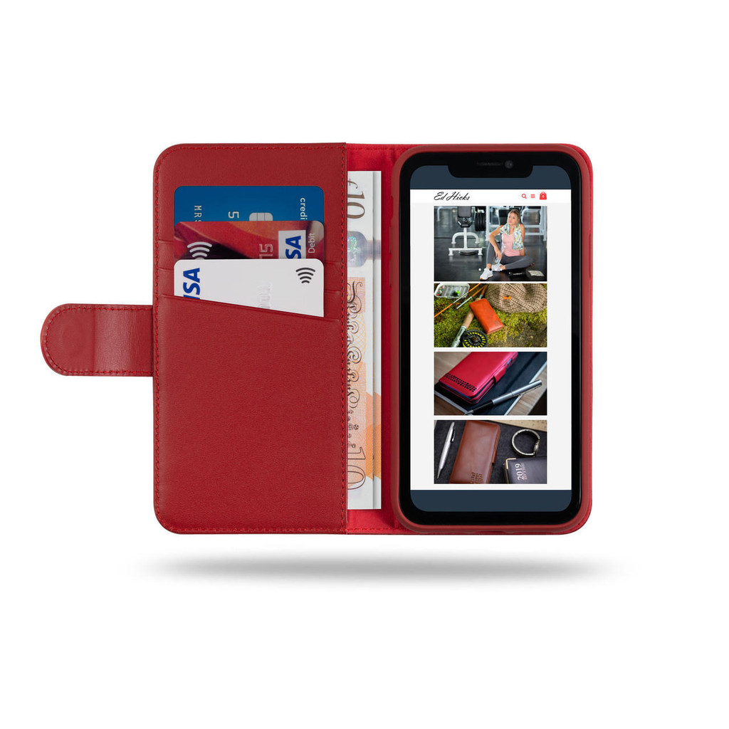 Black leather wallet case designed for the iPhone 13