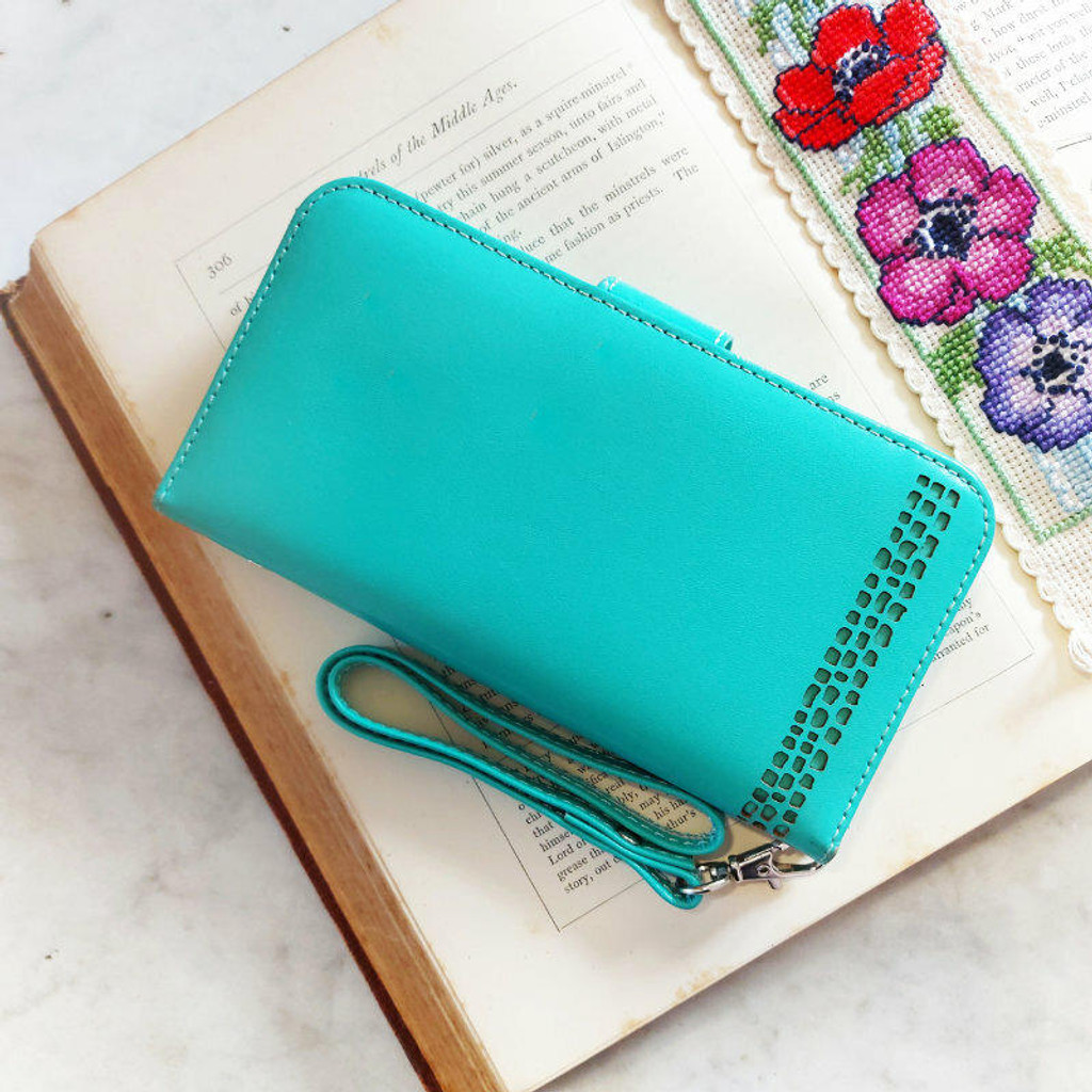 Open Royale wallet case showing card slots and phone