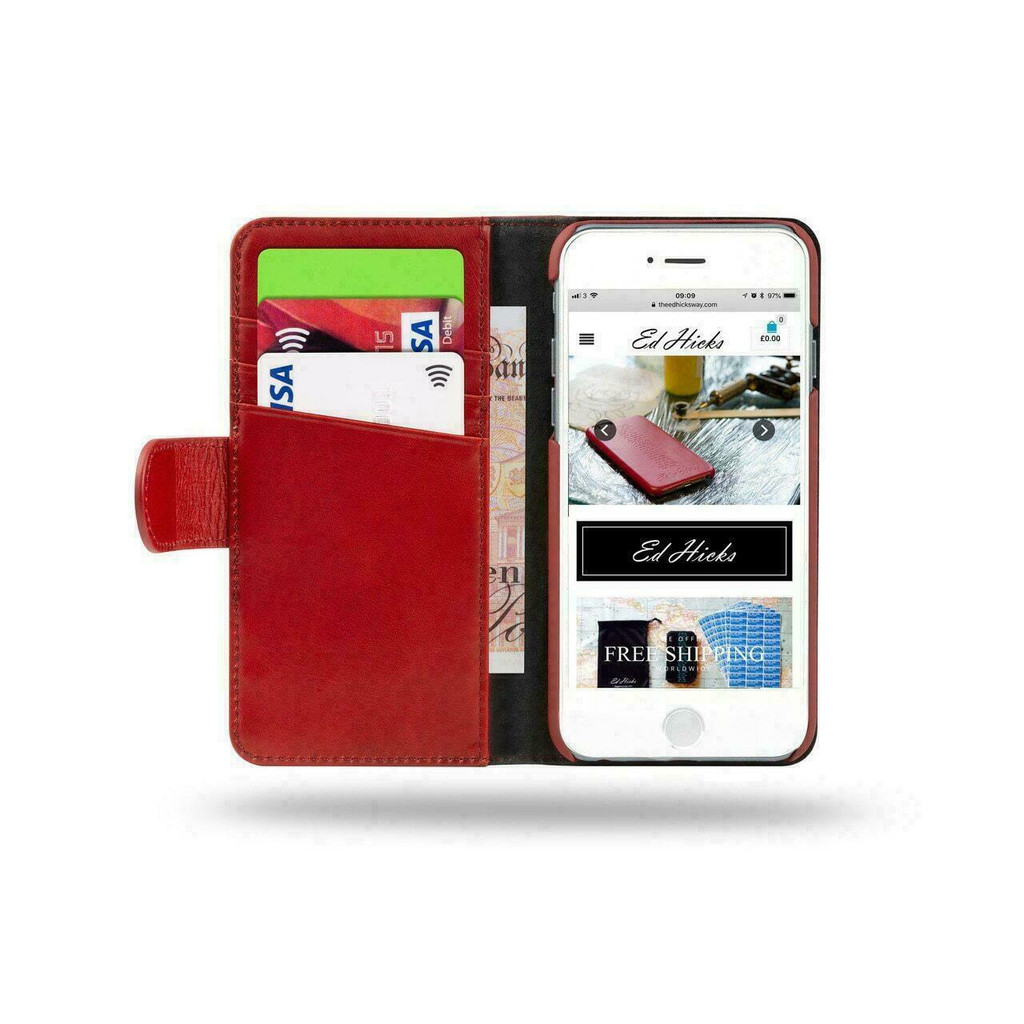 iPhone SE in Royale wallet case – hands holding the phone