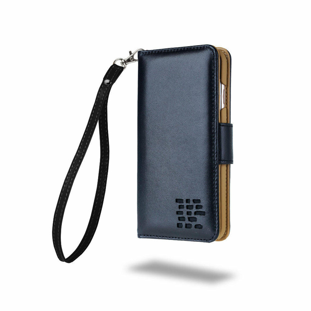 Royale leather case with attached wrist strap – angled view
