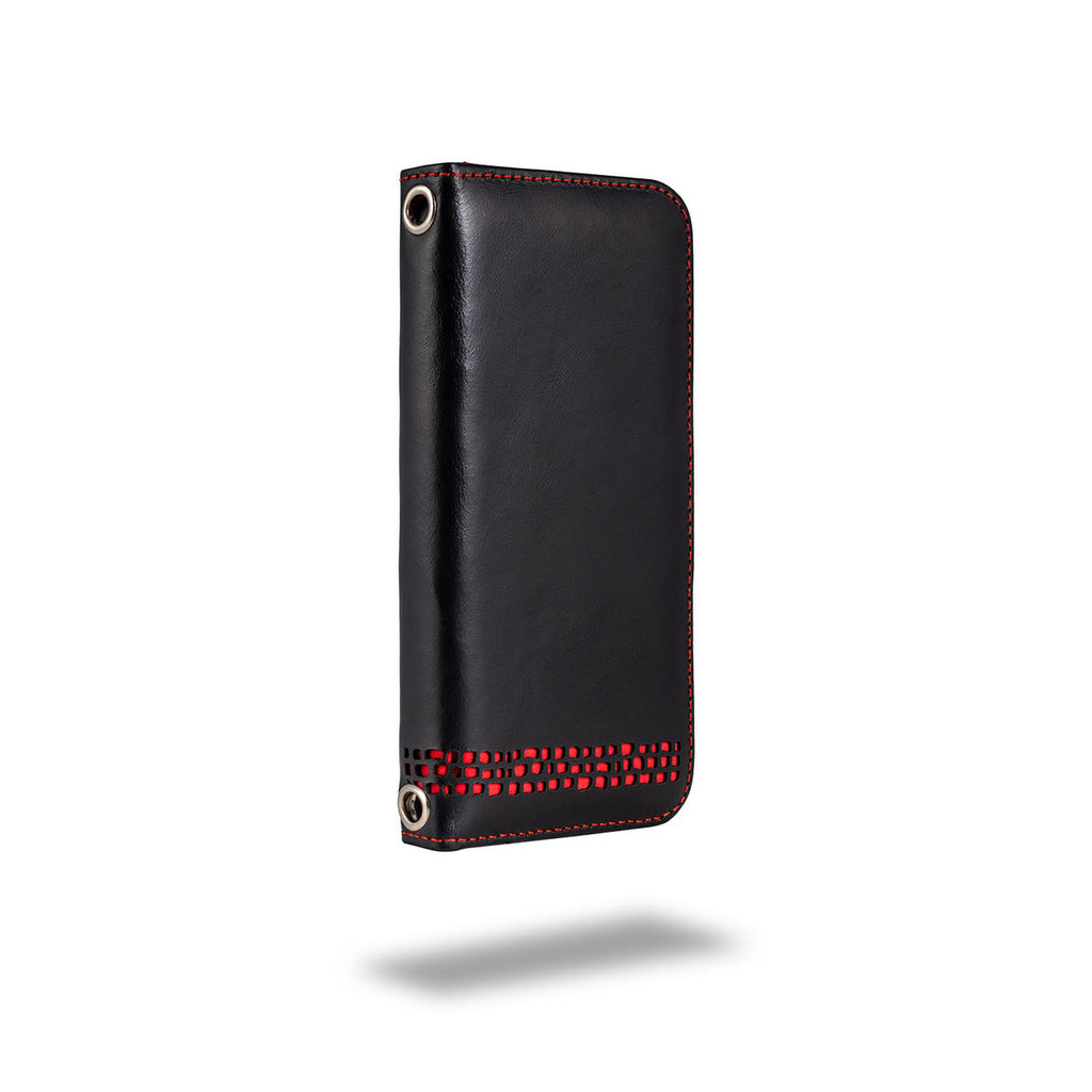 "Royale" iPhone 13 Pro Max Leather Wallet Case with Wrist Strap in Black with Red Detailing