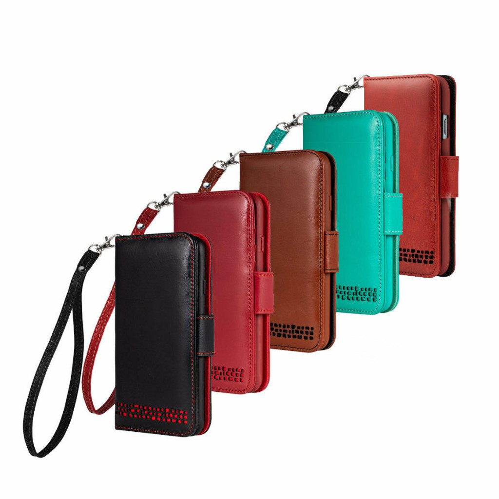 Royale iPhone 12 leather wallet case with wrist strap – front view