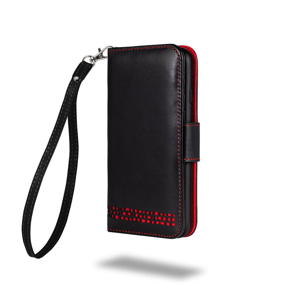 Royale iPhone 14 Plus 6.7" Black Leather Wallet Case with Red Accents & Strap