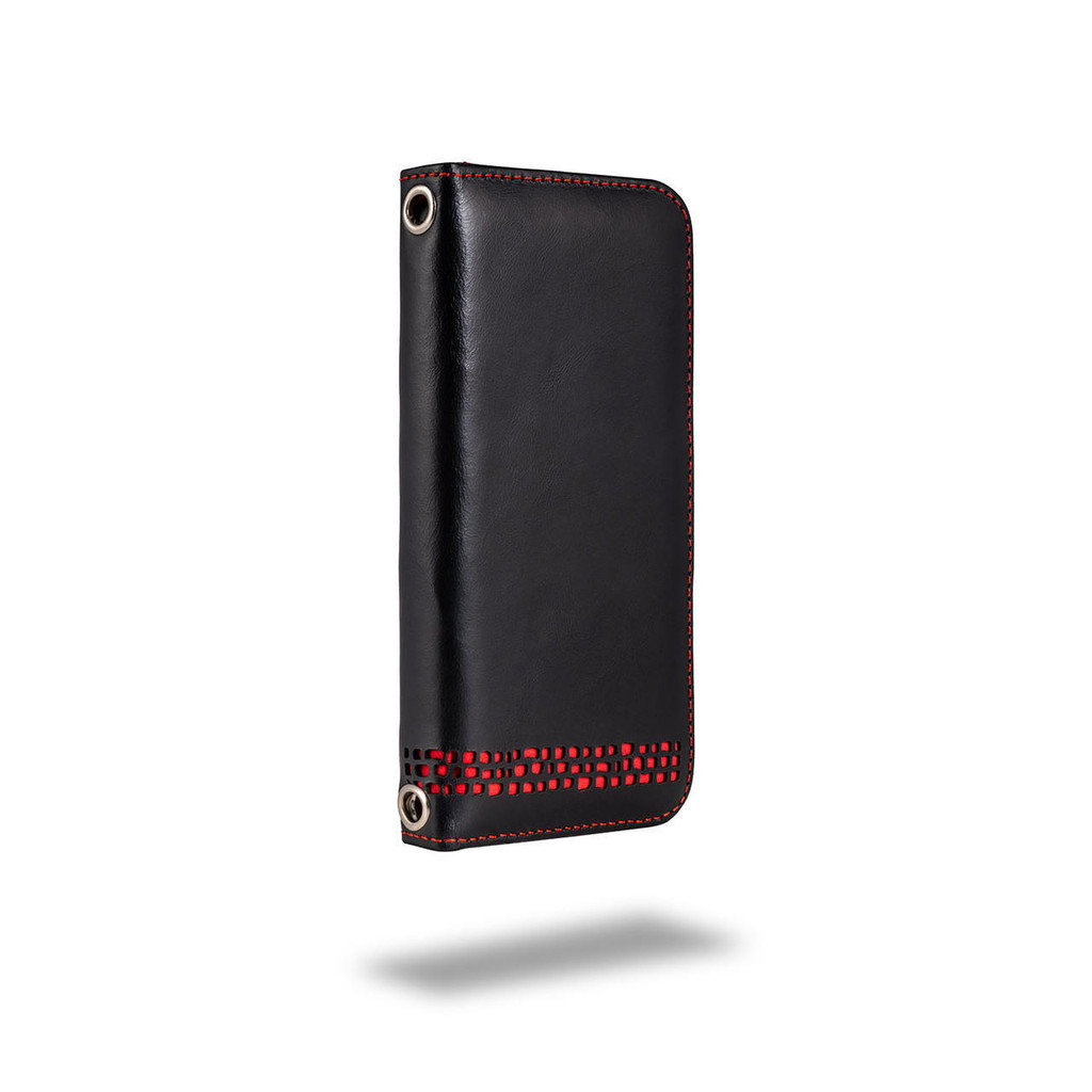 Royale iPhone 14 Plus 6.7" Black Leather Wallet Case with Red Accents & Strap