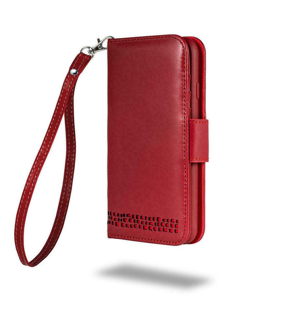 “Royale” iPhone 14 Plus Luxury Red Leather Wallet Case with Strap ⭆ Genuine Leather each with a Unique Vintage Patina ⭆ 5 Levels of Protection