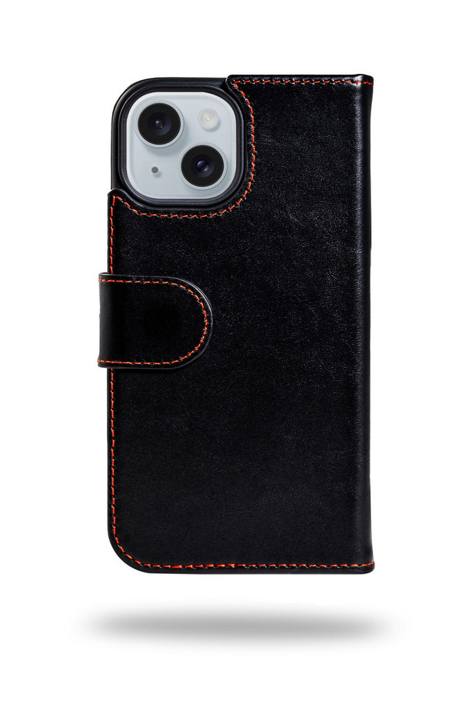 iPhone 15 Black Leather Wallet Phone Case