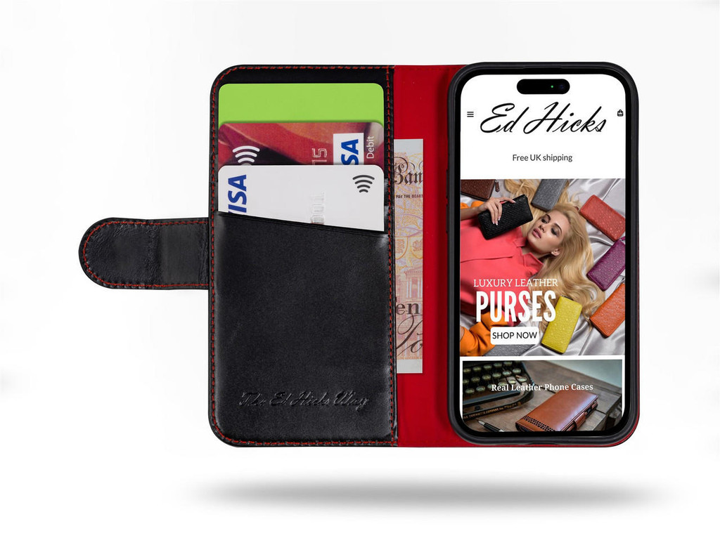 iPhone 15  Pro Black Leather Card Holder and Wallet Phone Case