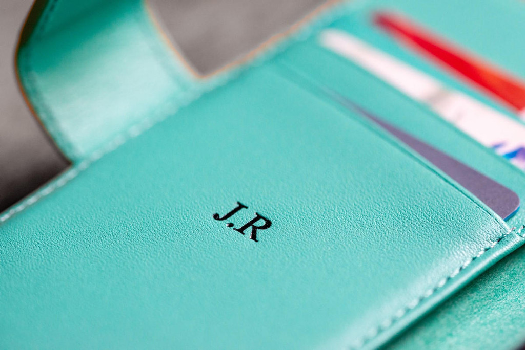 Personalised 'Rila' iPhone 15 Pro leather wallet case with custom initials or name